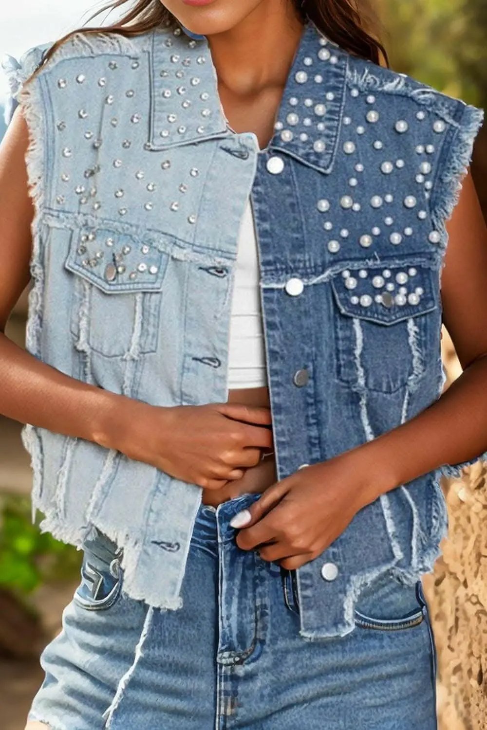Pearl detail denim vest for women - Love Salve